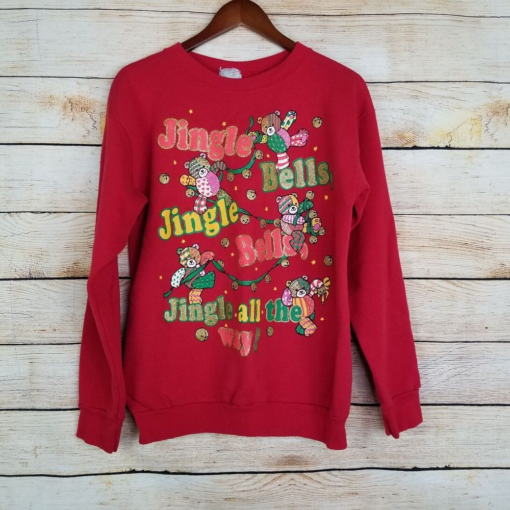Vintage Tultex Sweatshirt Womens Size L Red Xmas Jingle‎ Bells Crewneck Bears